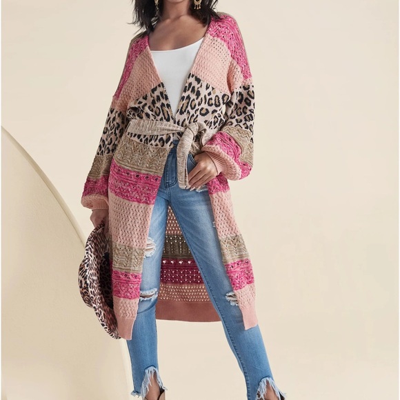 VENUS Sweaters - VENUS Pink & Beige Leopard-Accent Knit Cardigan with Belt